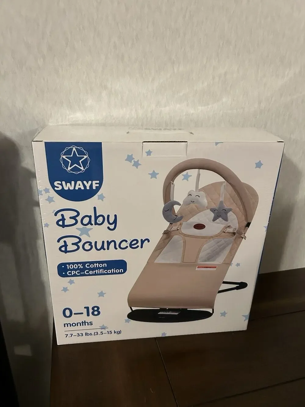 SWAYF Baby Bouncer 0–18 Months 7.7–33 lbs Cotton Seat Beige CPC Certified